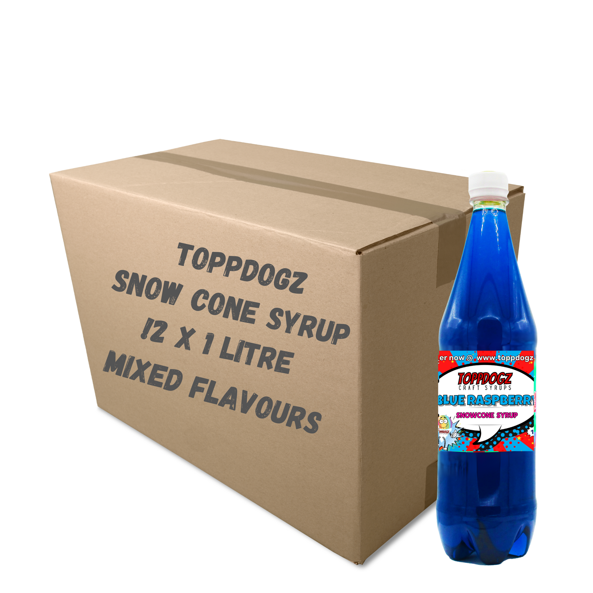 box of 12 snowcone syrups shaved ice syrups