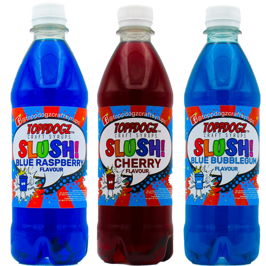 Blue Raspberry Slush Syrup, Cherry Slush Syrup, Blue Bubblegum slush syrup for use in home slush machines