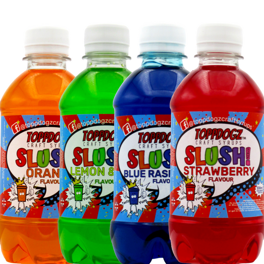 4 pack of 330ml slush syrups orange slush, lemon & lime slush syrup blue raspberry slush syrup strawberry slush syrup